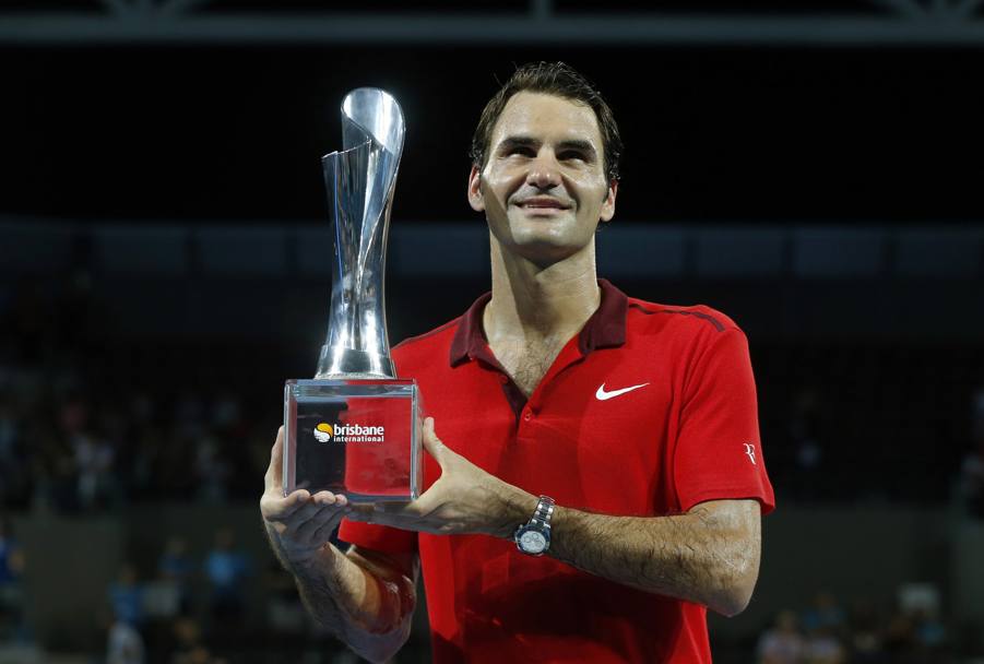 Un emozionato Roger Federer dopo la vittoria di Brisbane, la sua millesima in carriera. Reuters 
